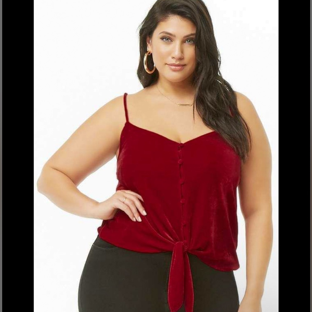 FOREVER 21 Red Velvet Tie-Front Camisole Button Detail 1X